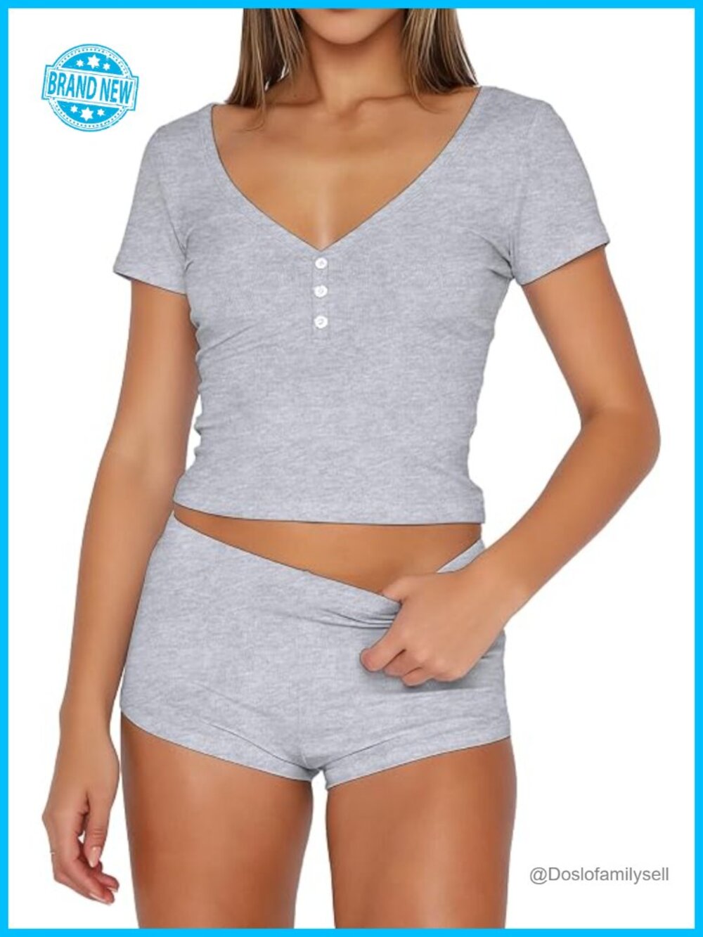 Ribbed Knit 2 Piece Pajama Set V Neck Crop Top & Shorts Lounge Set